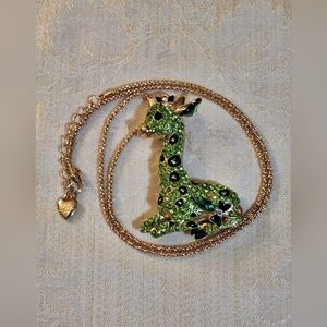 Large! Giraffe pendant necklace green rhinestones & enamel spots, gold tone